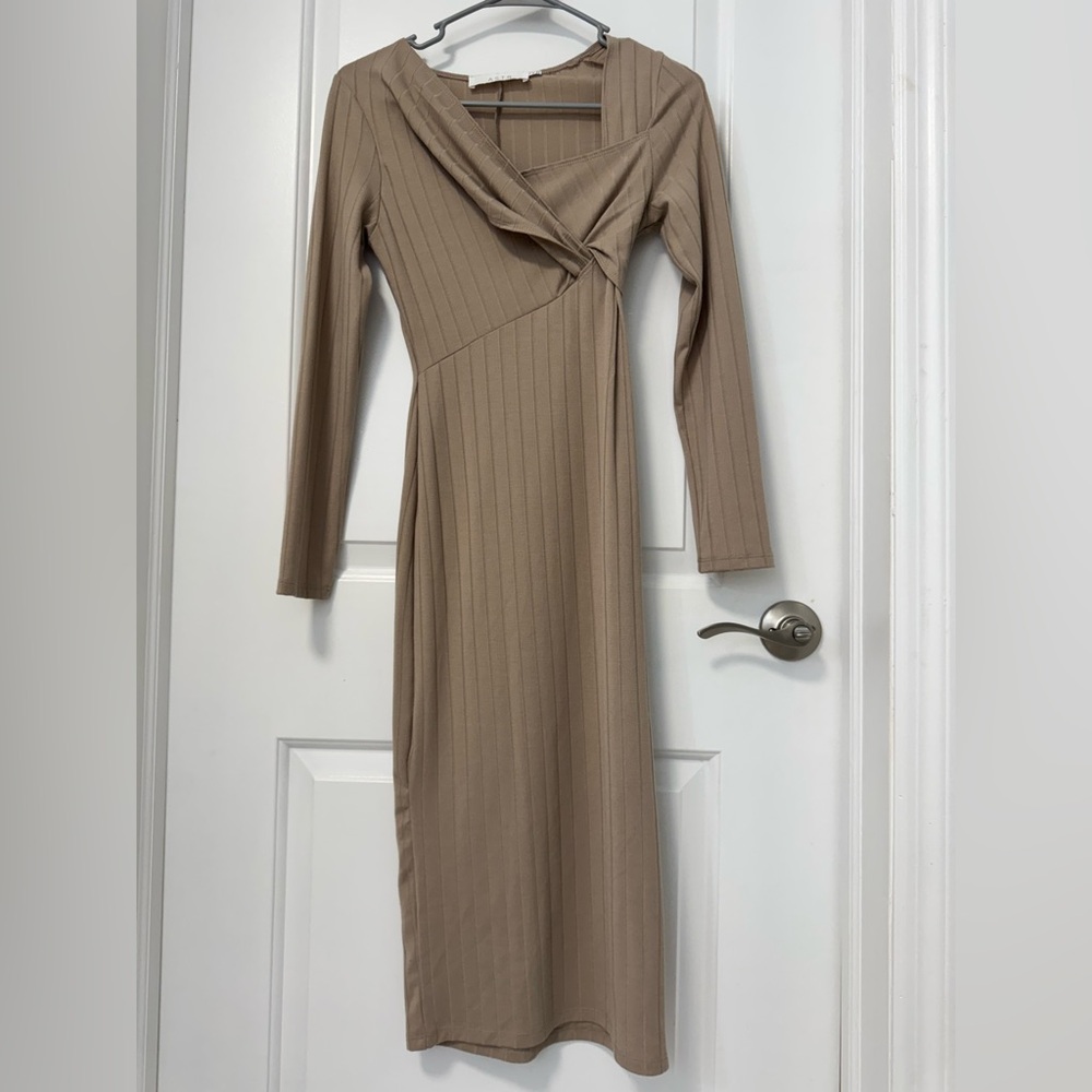 Tan midi Long Sleeve Dress